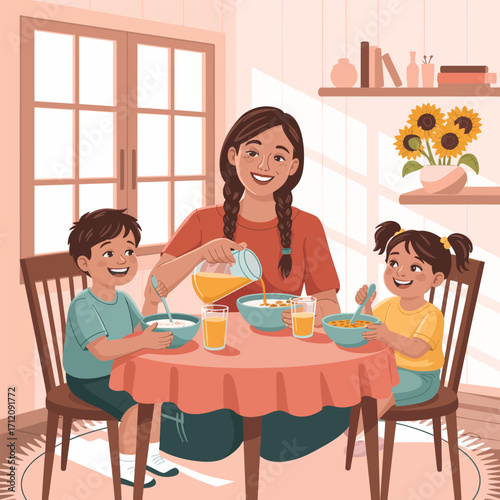 Mother serving breakfast juice to her children at a dining table family pouring