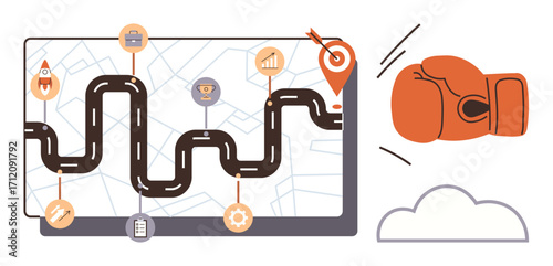 Winding path with mapped milestones, achievement icons, and final target beside boxing glove. Ideal for strategy, goals, perseverance, planning, process motivation or success. Simple flat metaphor