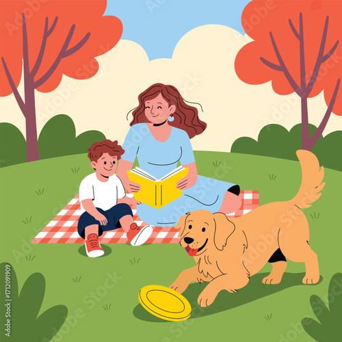 Woman and boy having a picnic in the park with a dog playing frisbee family mother