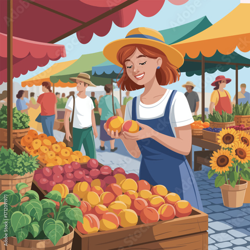 Woman at a farmers market choosing peaches from a stall with produce vector illustration