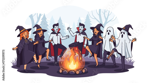 Halloween Campfire Dance: A vibrant illustration captures a joyous Halloween gathering around a crackling campfire. Dancing witches, vampires, and ghosts, embodying the spirit of playful Halloween.