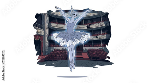 Celestial Ballerina's Grace: A ethereal ballerina, embodying both dance and mystery, takes center stage in a vintage theater, creating a captivating fusion of elegance and supernatural allure.