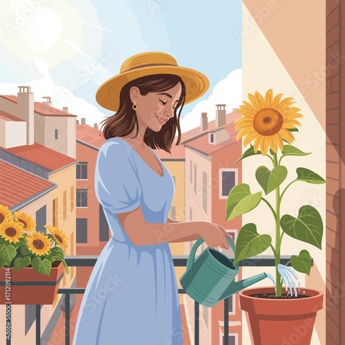 Woman in a hat watering a sunflower on a balcony with city buildings background vector