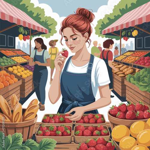 Woman examining fresh strawberries at an outdoor farmer's market stall fresh produce