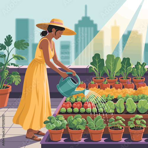 Woman in a yellow dress watering plants on a rooftop garden with city skyline gardening