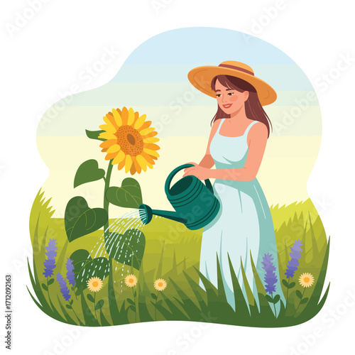 Woman in straw hat watering a large sunflower in a field Keywords: woman, watering can