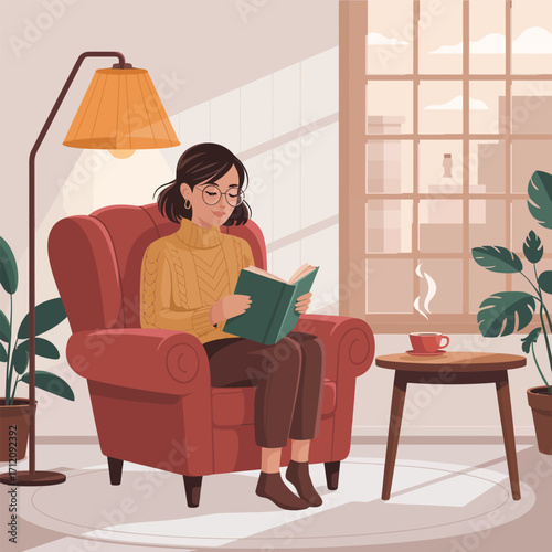 Woman reading a book in a cozy armchair by a window with a cup of tea vector illustration