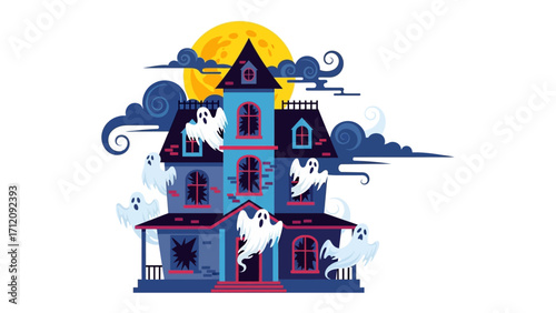 Spooky Manor under the Moonlight: A chilling haunted manor house, silhouetted against a full moon and ominous clouds, while spectral ghosts float about.