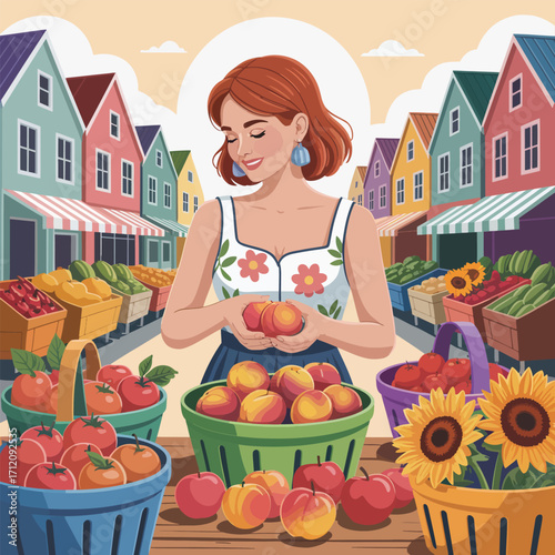 Woman selecting fresh peaches at a vibrant outdoor market stall fruit