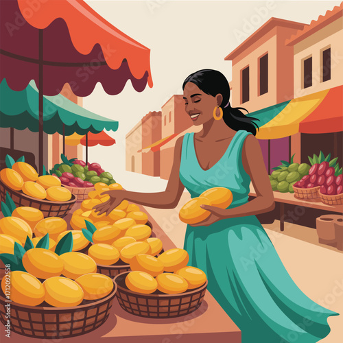 Woman selecting mangoes at an outdoor fruit market stall vector illustration