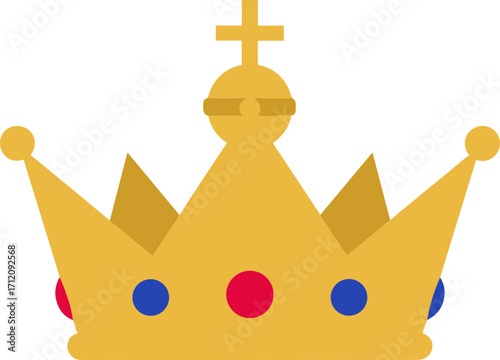 Flat Design Golden Crown with Cross and Jewel Symbol Icon