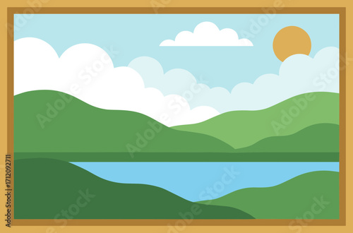 Minimalist Landscape Illustration of Lake, Mountain and Cloudy Sky Artwork