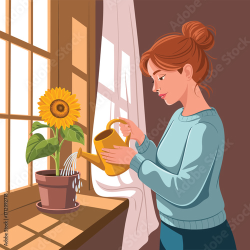Woman watering a sunflower in a pot by the window Keywords: woman, watering, sunflower, plant