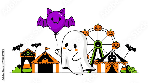 Halloween Fun: A cute cartoon ghost holds a bat balloon and stands in front of a festive carnival setting.
