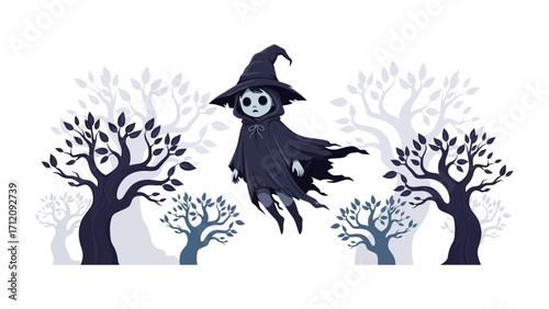 Enigmatic Entity in Ethereal Woods: A whimsical illustration depicts an ethereal being, cloaked and mysterious, floating through a stylized forest, evoking a sense of magic and wonder.