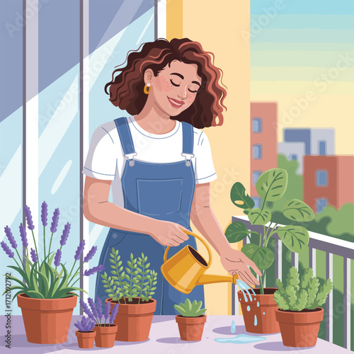 Woman watering plants on a balcony with city buildings in the background Keywords: woman