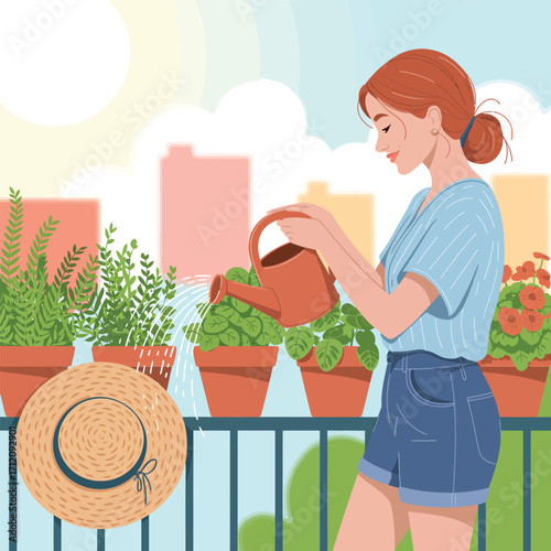 Woman watering potted plants on a balcony with city buildings in the background vector