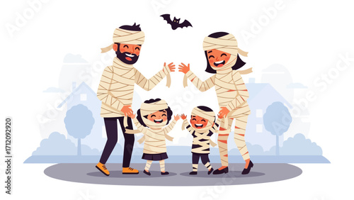 Halloween Mummy Family Joyfully Together: A happy family dressed as mummies joyfully celebrates Halloween, capturing the playful spirit of the holiday. With a bat hovering above.