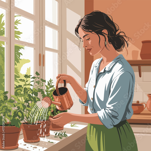 Woman watering potted plants on a windowsill with sunlight streaming through the window