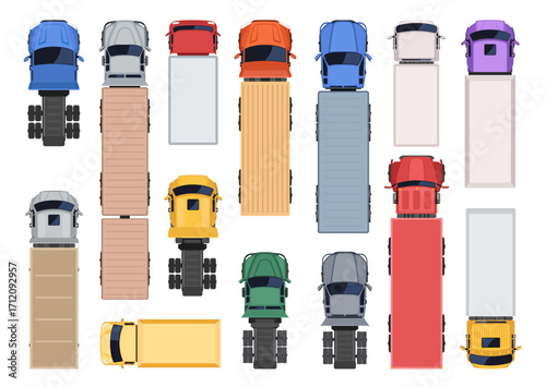 Top view vector illustration of colorful trucks and trailers