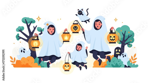 Halloween Ghosts and Lanterns: Illustration depicts the whimsical spirit of Halloween, three charming ghosts, each adorned with cheerful lanterns, and a playful black cat add a touch of enchantment.