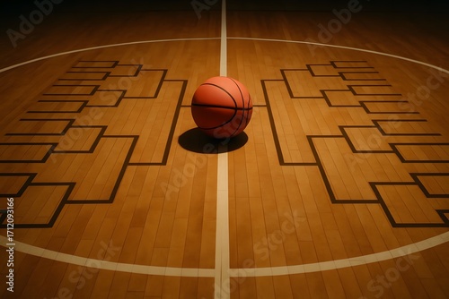 Top view of a basketball on a tournament playoff bracket design over a wooden gym floor for competition and sports championship concepts.