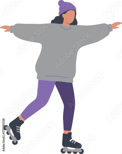 Flat Graphic Roller Skating Woman Spreading Arms Balance Sporty Lifestyle Illustration