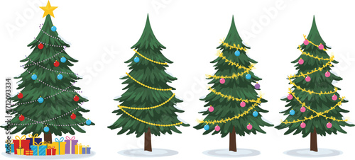 Christmas tree collection, festive holiday decorations, winter celebration, seasonal ornaments, colorful lights, wrapped gifts, garlands, baubles, stars, Christmas illustration