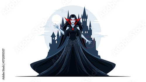 Enigmatic Vampire Silhouette: A captivating illustration of a female vampire stands against a haunting castle backdrop. The artwork showcases the dark allure of the undead with artistic style.