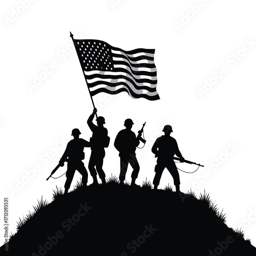 Four soldiers silhouetted on a grassy hill holding an American flag