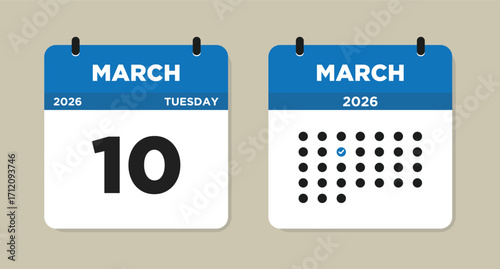 March 10 2026 Tuesday Calendar Vector Illustration. 10 March calendar page. Day calendar with date March 10. Week Starts on Sunday. Checklist day calendar. Modern Calendar template icon