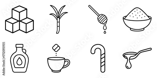 Sweetener line icons with sugar cubes, cane, honey, syrup, candy cane, tea with sugar, bowl of sugar, outline vector