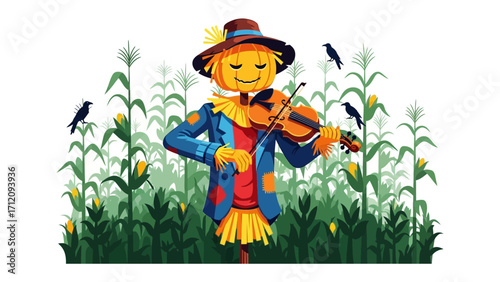 Harvest Harmony: A charming illustration captures a jovial scarecrow serenading with a violin amidst a thriving cornfield, crows watching him. a rural scene