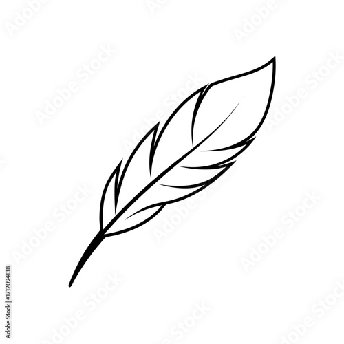 Simple black outline drawing of a feather on transparent background