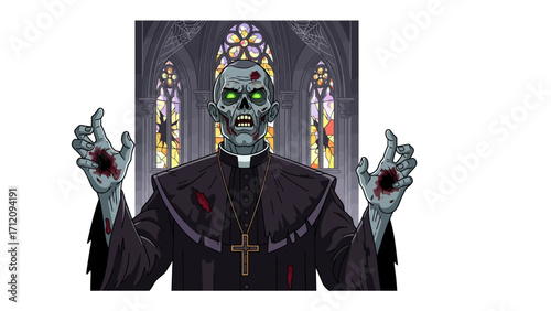 Zombie Priest in a Gothic Church: A haunting illustration captures a zombie priest against the backdrop of a gothic church, evoking a chilling atmosphere of the undead and religious juxtaposition.
