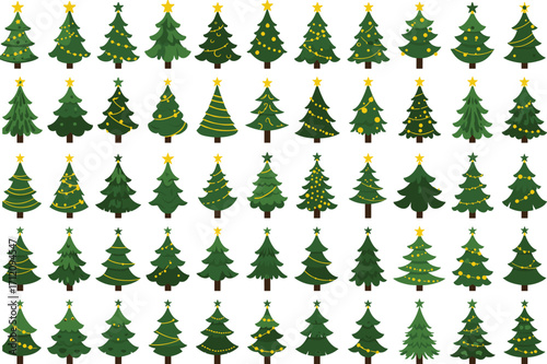 Christmas tree collection, festive holiday decorations, winter celebration, seasonal ornaments, colorful lights, garlands, baubles, stars, snow covered, Christmas illustration