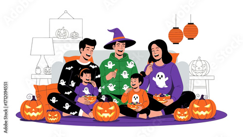 Spooky Halloween Gathering: A cheerful family dressed in Halloween attire and embraces the festive spirit, surrounded by pumpkin decorations, ready to celebrate the annual event.