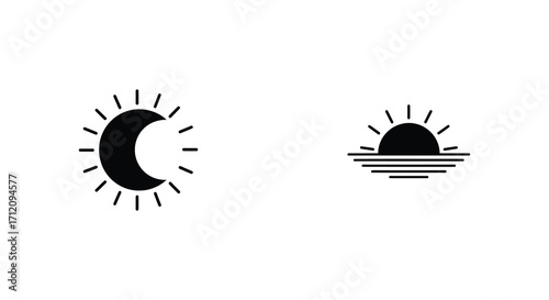 Simple graphic illustration featuring a crescent moon and rising sun design