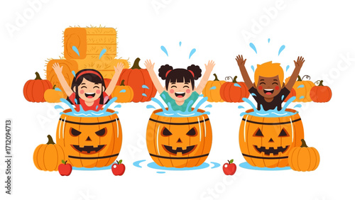 Playful splash in the pumpkin barrels: Three joyful children gleefully splash in decorative pumpkin barrels during a festive autumn day, surrounded by pumpkins and hay bales.