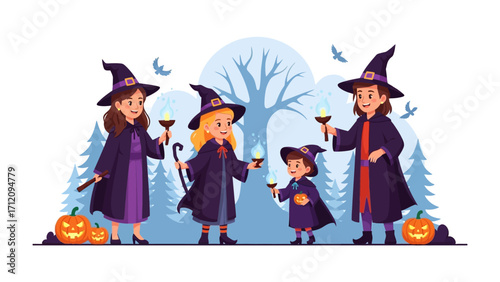 Halloween Witch's Gathering: A whimsical illustration captures a group of young witches, bedecked in classic attire and holding flickering lanterns, ready for a night of spellbinding festivities.