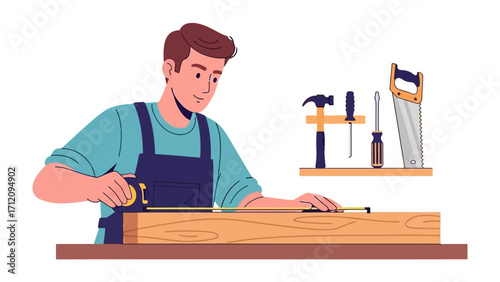 Craftsman at Work: Capturing the essence of precision and skill, a craftsman is meticulously measuring a wooden plank with a tape measure, a display of tools in the background.