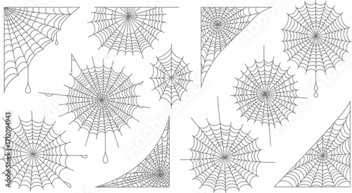 Delicate spiderwebs in various corner and circular designs, perfect for Halloween or spooky themes.