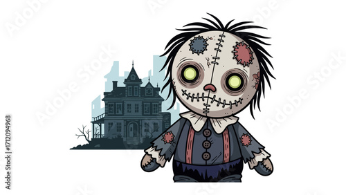 Sinister Stitches: This animated illustration of a stitched doll with glowing eyes, stands menacingly before a gothic haunted house, conjuring a sense of dread and unease.