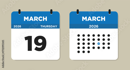 March 19 2026 Thursday Calendar Vector Illustration. 19 March calendar page. Day calendar with date March 19. Week Starts on Sunday. Checklist day calendar. Modern Calendar template icon
