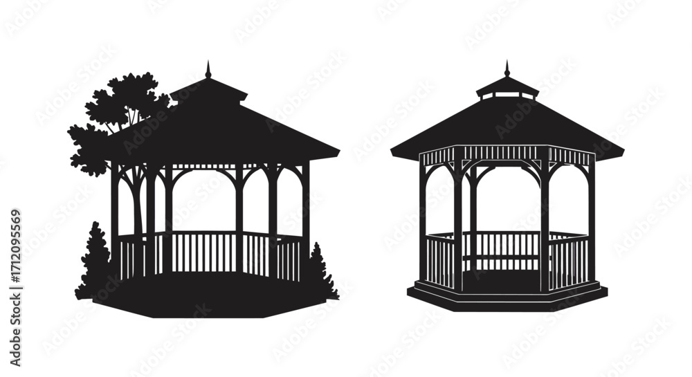 Naklejka premium Two black silhouettes of ornate garden gazebos with tree detail