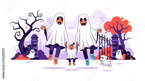 Halloween Ghostly Family: A spooky and whimsical family of ghosts, dressed in playful sheets, enjoy a spirited Halloween night. Their joyous expressions and a charming white dog enhance the eerie fun.