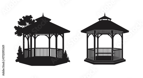 Two black silhouettes of ornate garden gazebos with tree detail