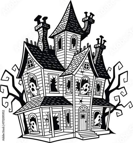 Spooky haunted house with ghostly figures peeking out windows on a dark, eerie night.