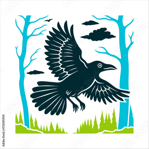 Stylized Raven Flight, Mystical Forest Scene Raven in Flight mystical bird associated with prophecy and the Morrigan