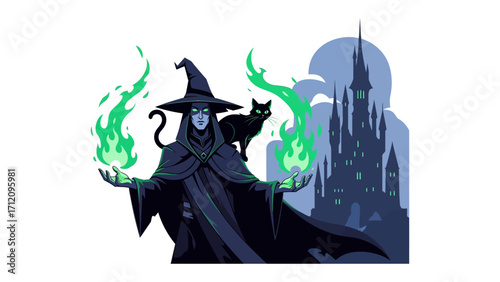 Mystical Witch and Her Familiar: A witch, cloaked in mystery, conjures vibrant green flames, with her sleek black cat companion by her side, all set against the backdrop of an imposing gothic castle